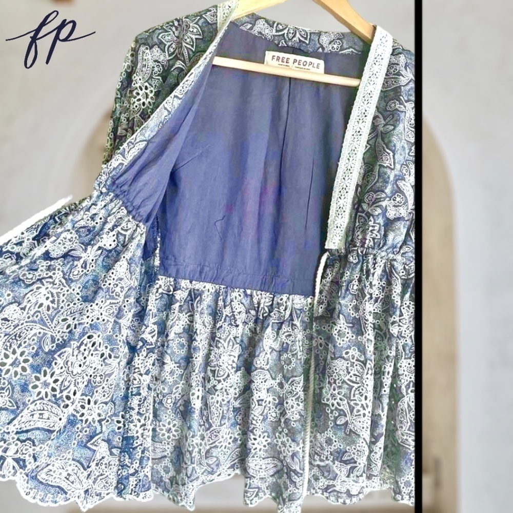FREE PEOPLE NWT Anissa Floral-Print Eyelet/Embroidered Tie-Front Bed Jacket/Lg - Picture 13 of 14